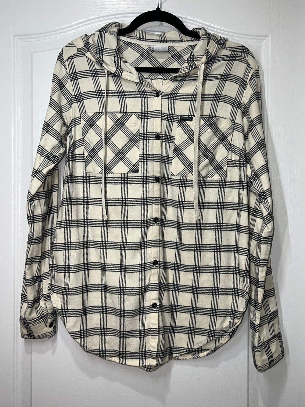 Columbia Women's Plaid Hooded Flannel Button Down Cream & Black Size Small